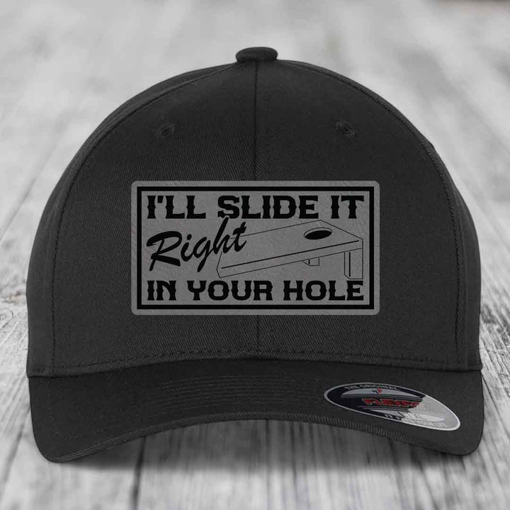 Ill Slide It Right In Your Hole - Leather Patch Hat - Grey to Black Patch - Flexfit 6277 Fitted Hat