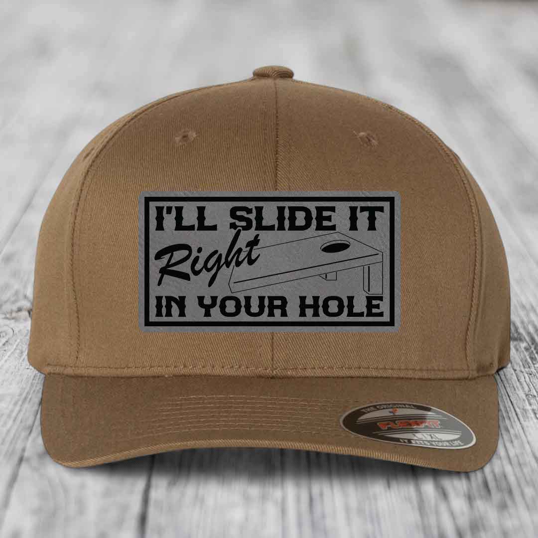 Ill Slide It Right In Your Hole - Leather Patch Hat - Grey to Black Patch - Flexfit 6277 Fitted Hat