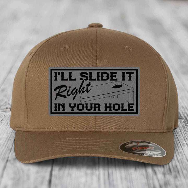 Ill Slide It Right In Your Hole - Leather Patch Hat - Grey to Black Patch - Flexfit 6277 Fitted Hat