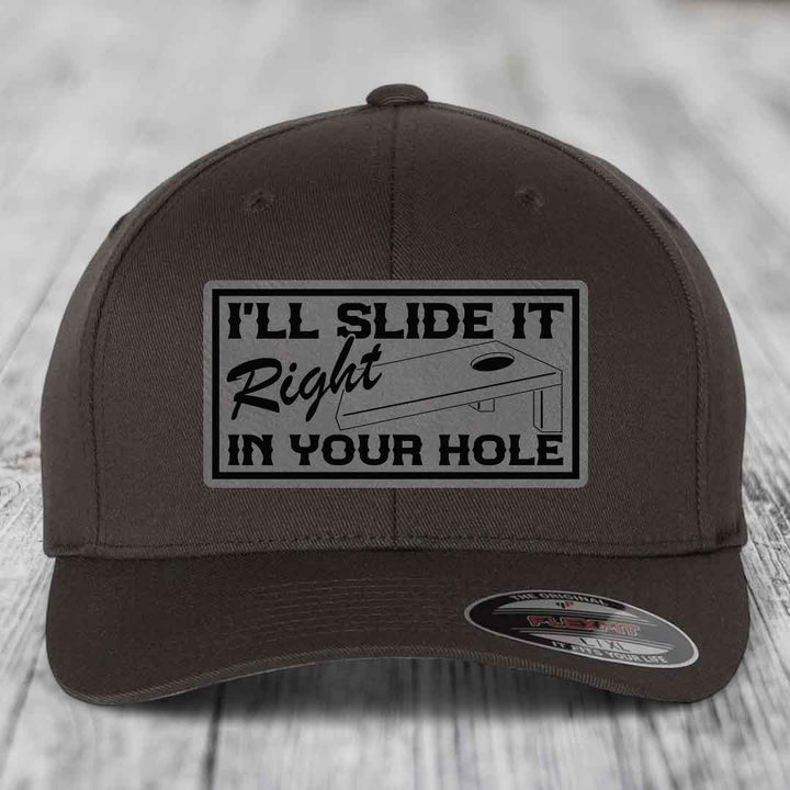 Ill Slide It Right In Your Hole - Leather Patch Hat - Grey to Black Patch - Flexfit 6277 Fitted Hat