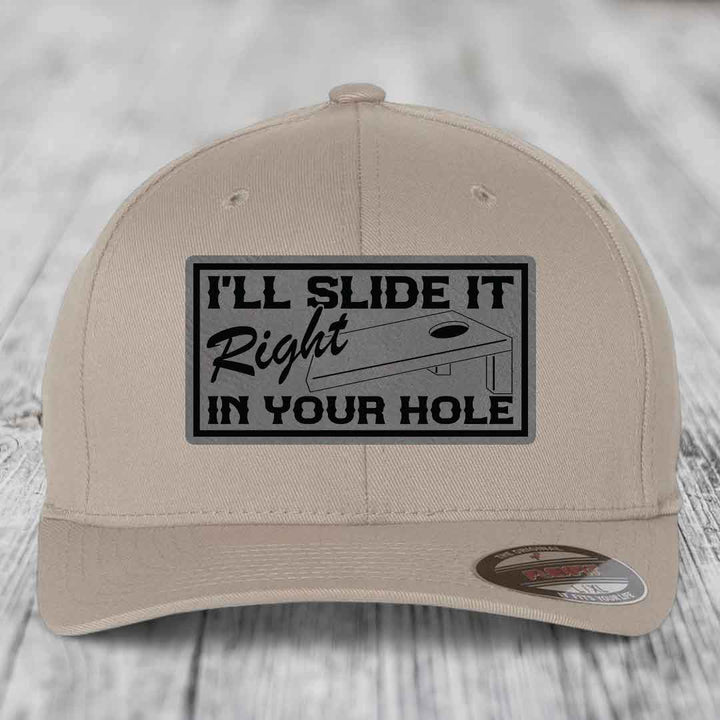 Ill Slide It Right In Your Hole - Leather Patch Hat - Grey to Black Patch - Flexfit 6277 Fitted Hat
