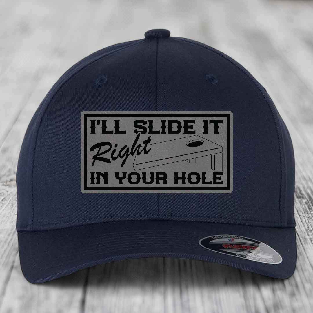 Ill Slide It Right In Your Hole - Leather Patch Hat - Grey to Black Patch - Flexfit 6277 Fitted Hat