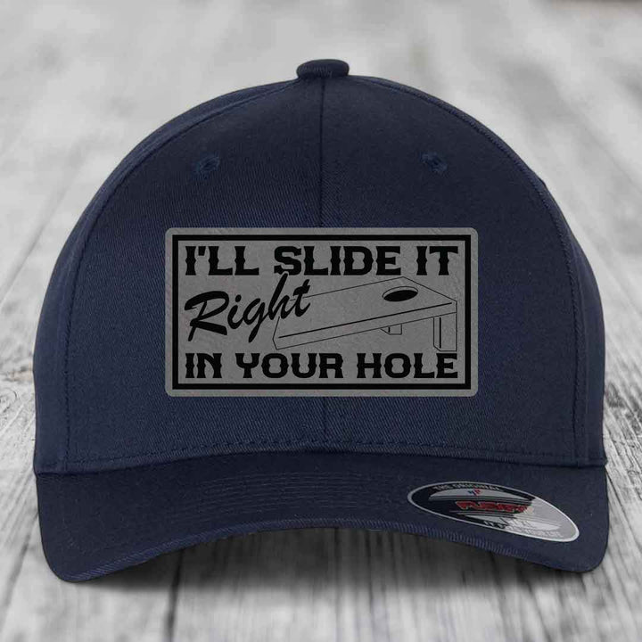Ill Slide It Right In Your Hole - Leather Patch Hat - Grey to Black Patch - Flexfit 6277 Fitted Hat