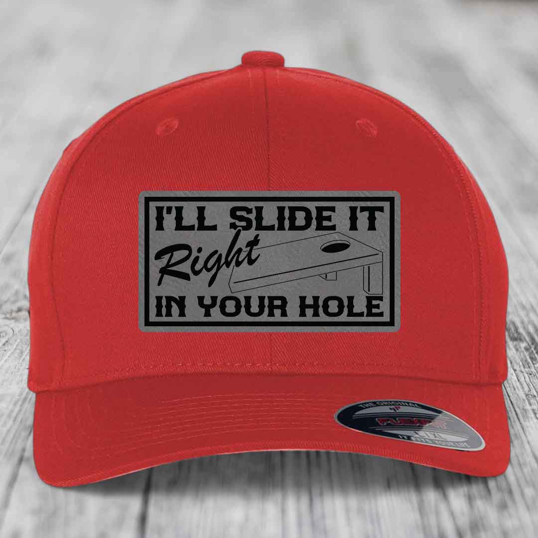 Ill Slide It Right In Your Hole - Leather Patch Hat - Grey to Black Patch - Flexfit 6277 Fitted Hat