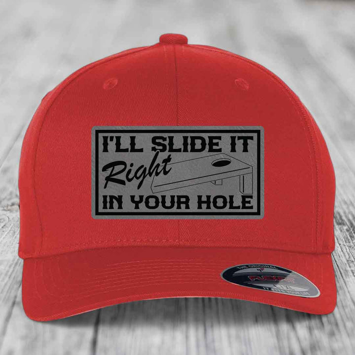 Ill Slide It Right In Your Hole - Leather Patch Hat - Grey to Black Patch - Flexfit 6277 Fitted Hat