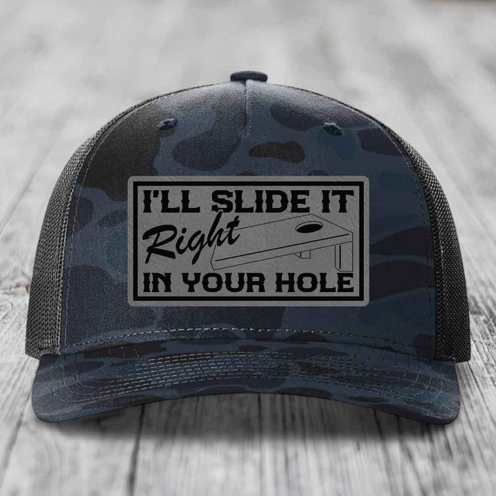 Ill Slide It Right In Your Hole - Leather Patch Hat - Grey to Black Patch - Richardson 112PFP Snapback Trucker Hat