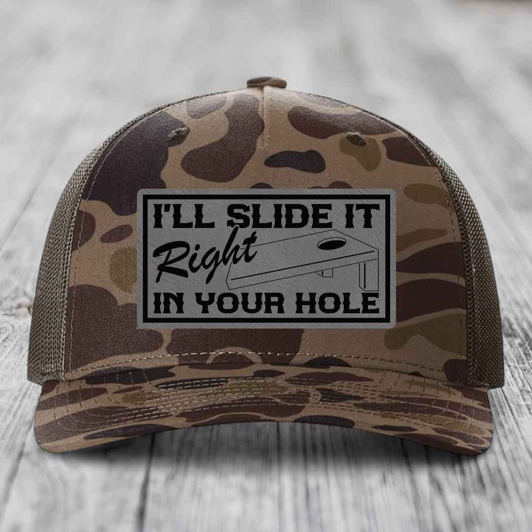 Ill Slide It Right In Your Hole - Leather Patch Hat - Grey to Black Patch - Richardson 112PFP Snapback Trucker Hat
