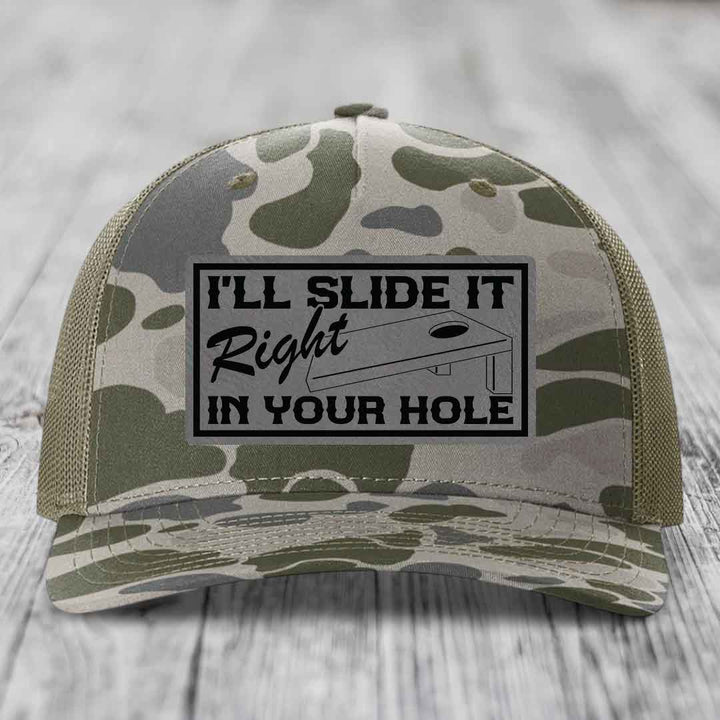 Ill Slide It Right In Your Hole - Leather Patch Hat - Grey to Black Patch - Richardson 112PFP Snapback Trucker Hat