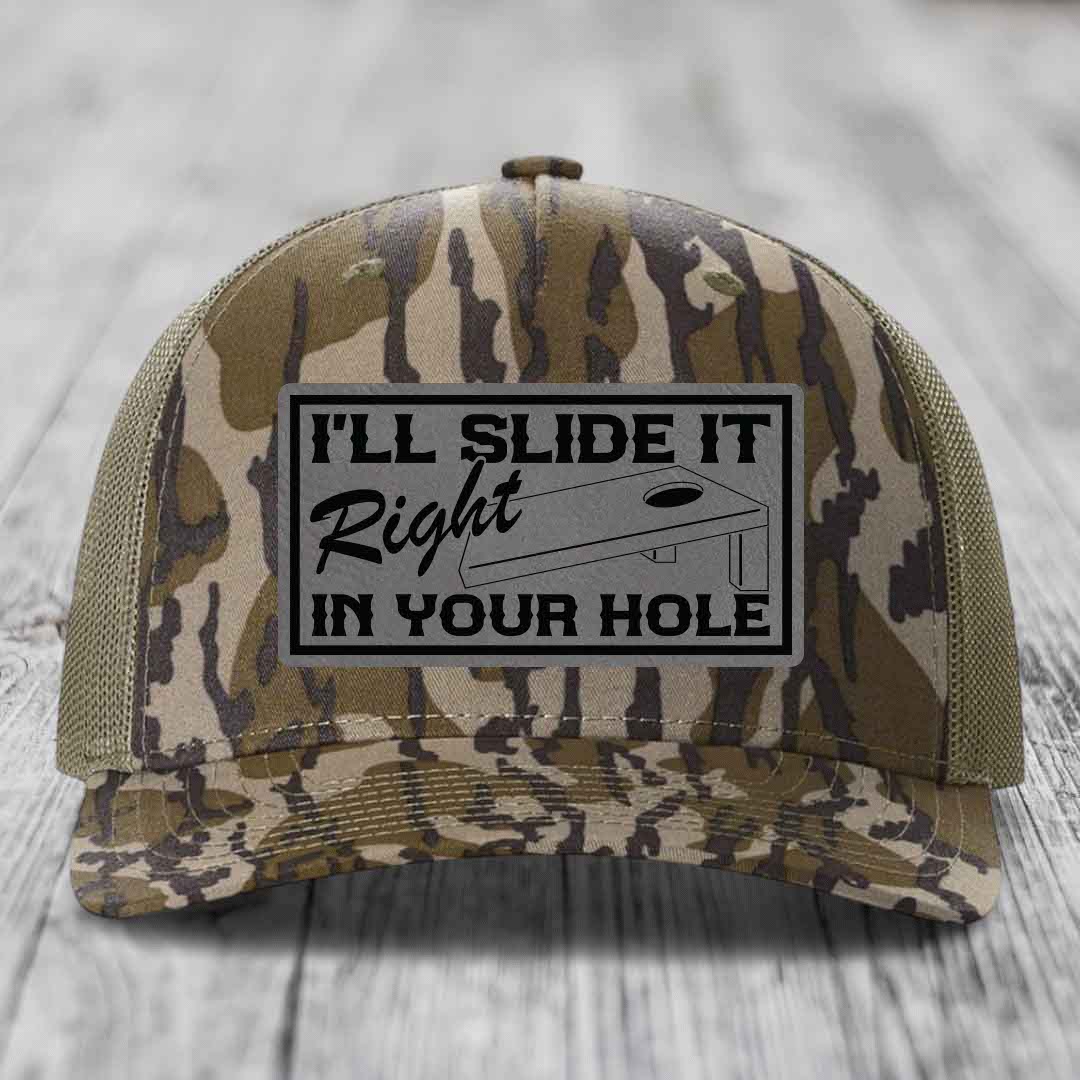 Ill Slide It Right In Your Hole - Leather Patch Hat - Grey to Black Patch - Richardson 112PFP Snapback Trucker Hat