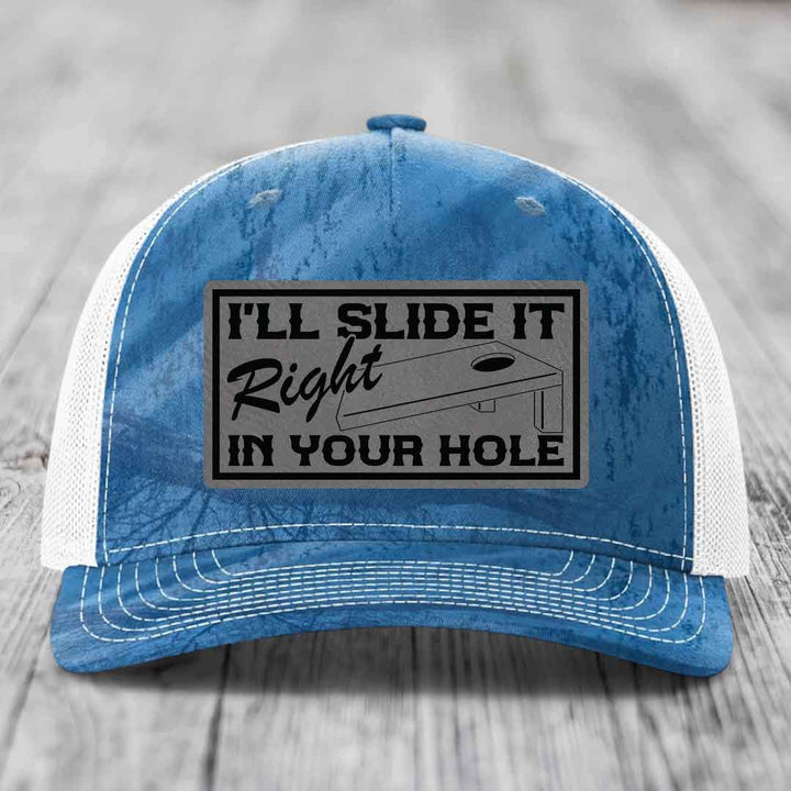 Ill Slide It Right In Your Hole - Leather Patch Hat - Grey to Black Patch - Richardson 112PFP Snapback Trucker Hat