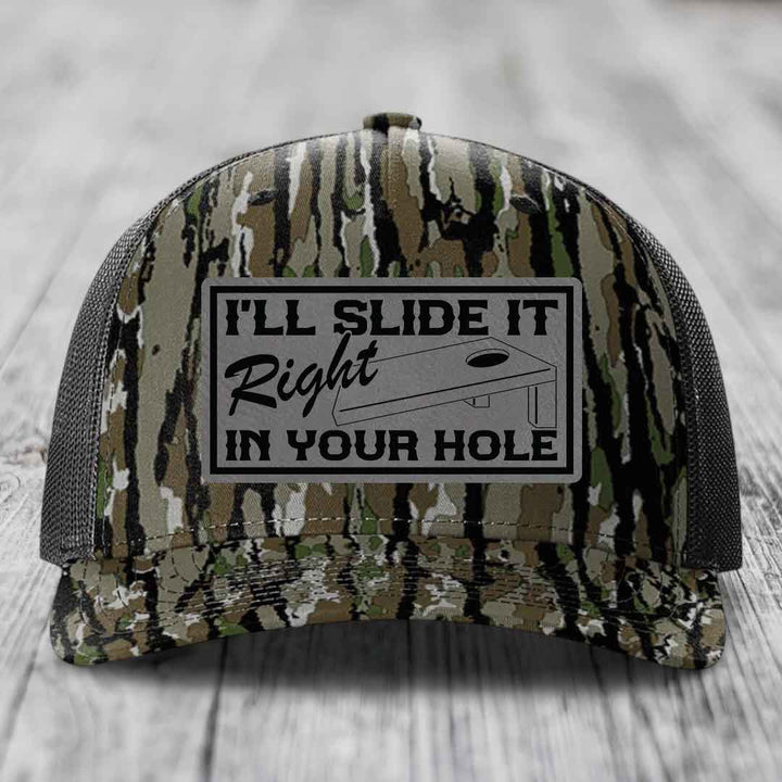Ill Slide It Right In Your Hole - Leather Patch Hat - Grey to Black Patch - Richardson 112PFP Snapback Trucker Hat
