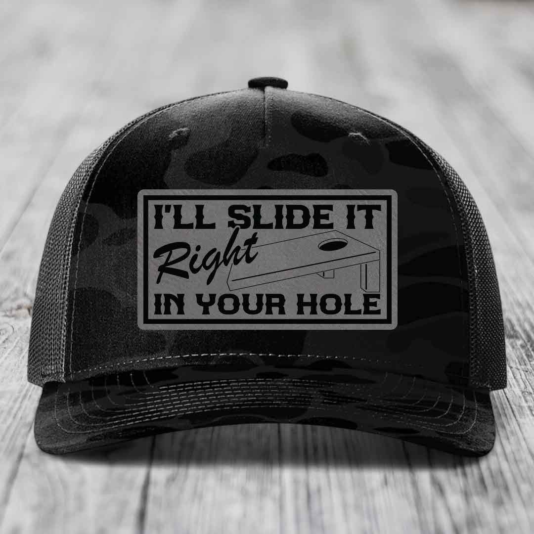 Ill Slide It Right In Your Hole - Leather Patch Hat - Grey to Black Patch - Richardson 112PFP Snapback Trucker Hat