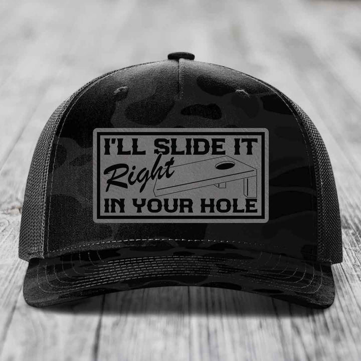 Ill Slide It Right In Your Hole - Leather Patch Hat - Grey to Black Patch - Richardson 112PFP Snapback Trucker Hat