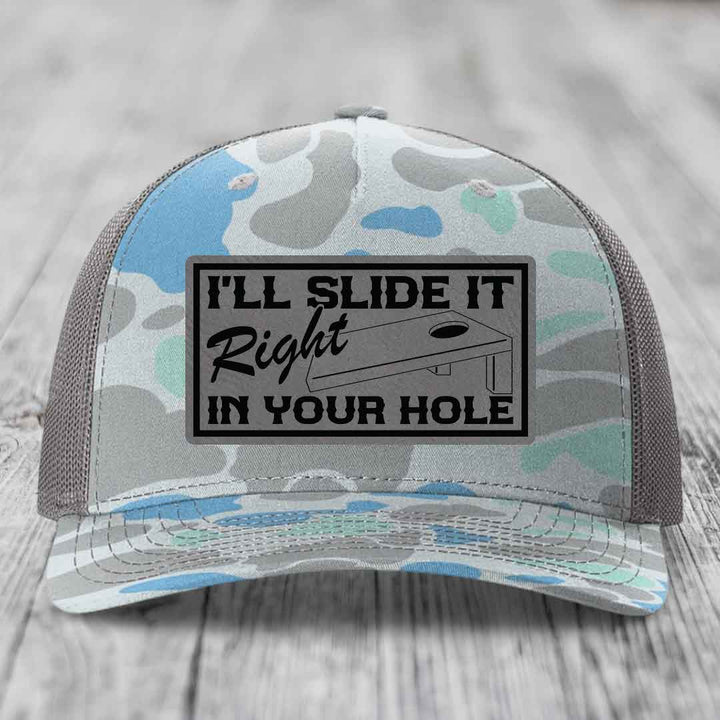 Ill Slide It Right In Your Hole - Leather Patch Hat - Grey to Black Patch - Richardson 112PFP Snapback Trucker Hat