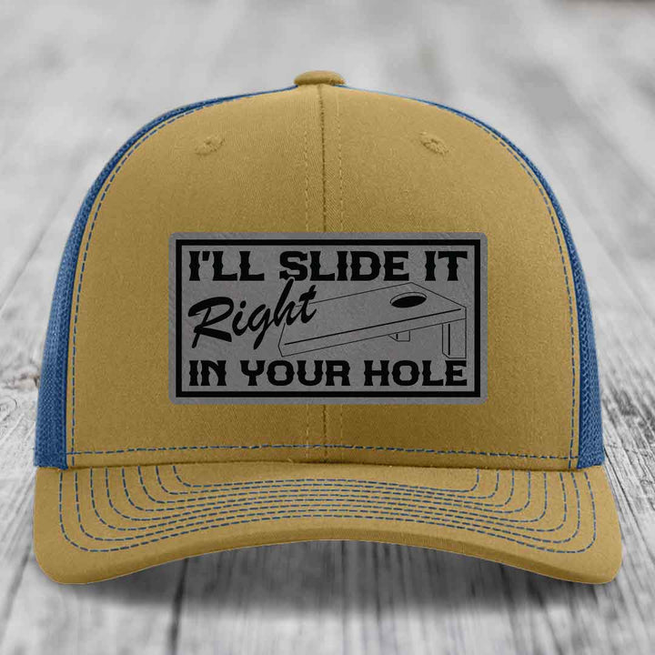 Ill Slide It Right In Your Hole - Leather Patch Hat - Grey to Black Patch - Richardson 112 Snapback Trucker Hat