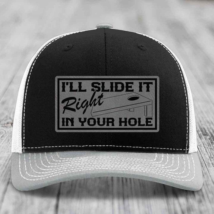 Ill Slide It Right In Your Hole - Leather Patch Hat - Grey to Black Patch - Richardson 112 Snapback Trucker Hat