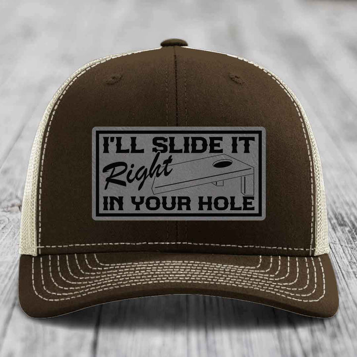 Ill Slide It Right In Your Hole - Leather Patch Hat - Grey to Black Patch - Richardson 112 Snapback Trucker Hat