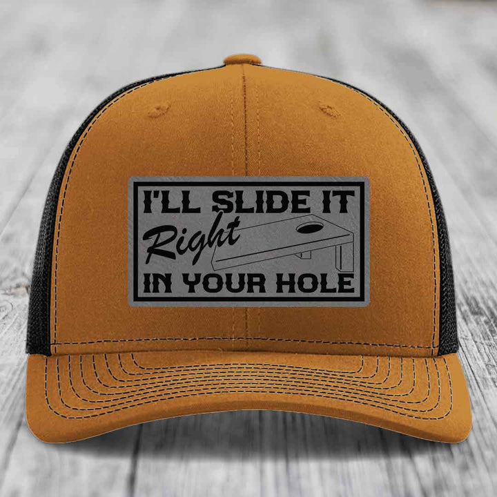 Ill Slide It Right In Your Hole - Leather Patch Hat - Grey to Black Patch - Richardson 112 Snapback Trucker Hat