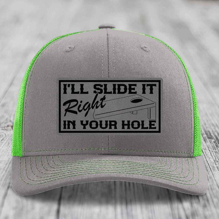 Ill Slide It Right In Your Hole - Leather Patch Hat - Grey to Black Patch - Richardson 112 Snapback Trucker Hat