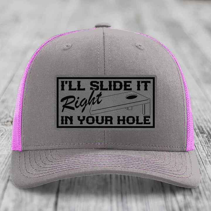 Ill Slide It Right In Your Hole - Leather Patch Hat - Grey to Black Patch - Richardson 112 Snapback Trucker Hat