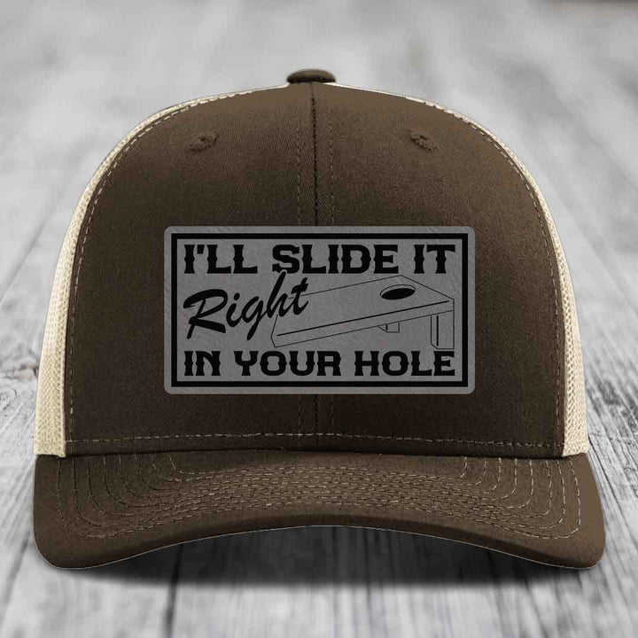 Ill Slide It Right In Your Hole - Leather Patch Hat - Grey to Black Patch - Richardson 112 Snapback Trucker Hat