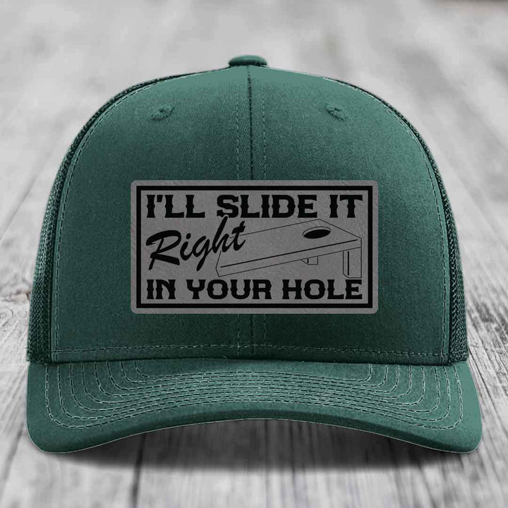 Ill Slide It Right In Your Hole - Leather Patch Hat - Grey to Black Patch - Richardson 112 Snapback Trucker Hat