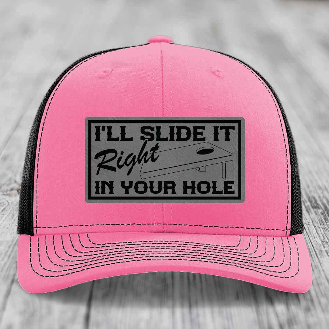 Ill Slide It Right In Your Hole - Leather Patch Hat - Grey to Black Patch - Richardson 112 Snapback Trucker Hat