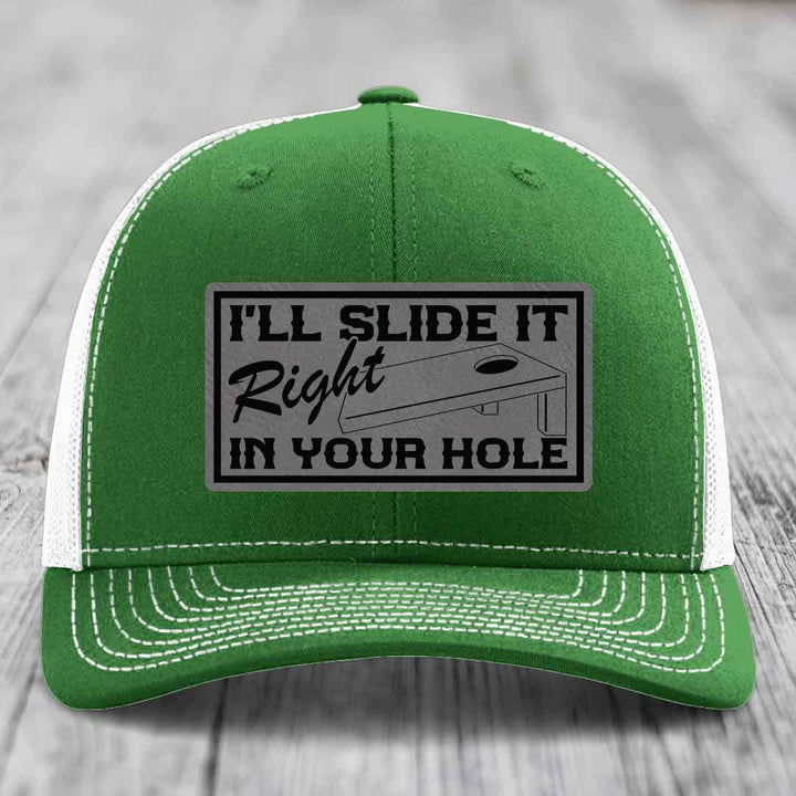 Ill Slide It Right In Your Hole - Leather Patch Hat - Grey to Black Patch - Richardson 112 Snapback Trucker Hat