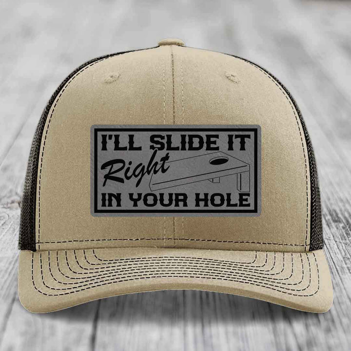 Ill Slide It Right In Your Hole - Leather Patch Hat - Grey to Black Patch - Richardson 112 Snapback Trucker Hat