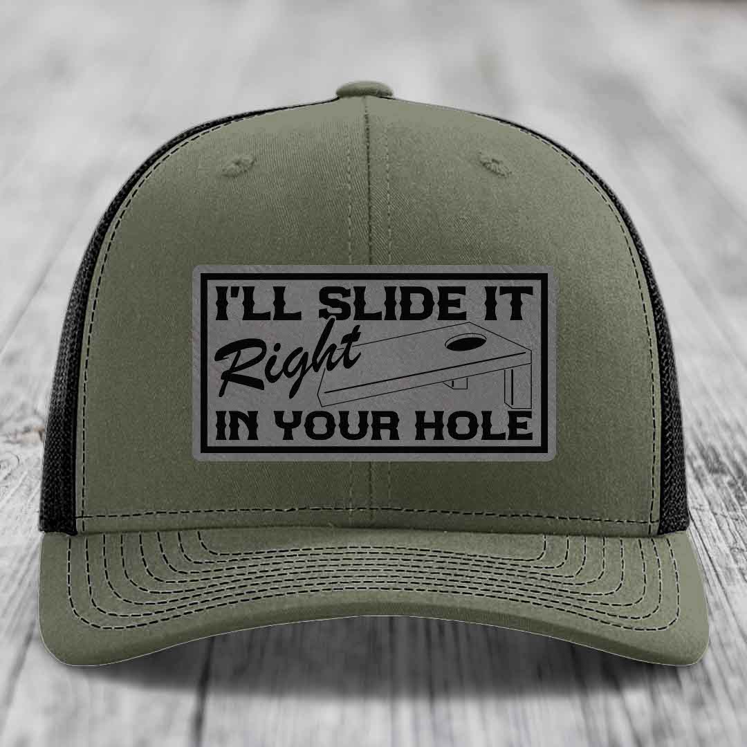 Ill Slide It Right In Your Hole - Leather Patch Hat - Grey to Black Patch - Richardson 112 Snapback Trucker Hat