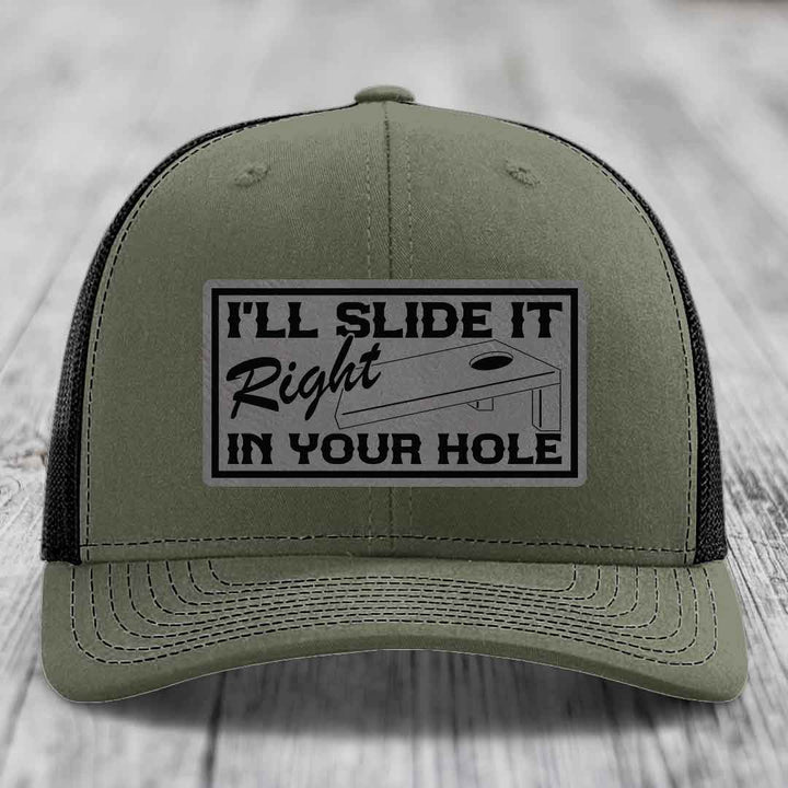 Ill Slide It Right In Your Hole - Leather Patch Hat - Grey to Black Patch - Richardson 112 Snapback Trucker Hat
