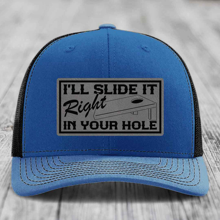 Ill Slide It Right In Your Hole - Leather Patch Hat - Grey to Black Patch - Richardson 112 Snapback Trucker Hat
