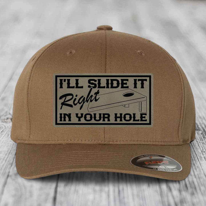 Ill Slide It Right In Your Hole - Leather Patch Hat - Light Brown to Black Patch - Flexfit 6277 Fitted Hat