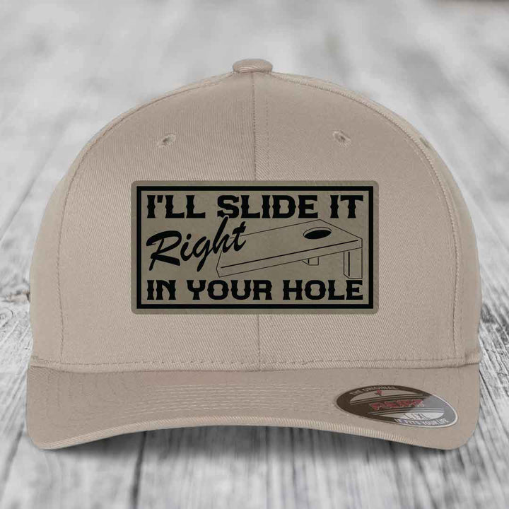 Ill Slide It Right In Your Hole - Leather Patch Hat - Light Brown to Black Patch - Flexfit 6277 Fitted Hat