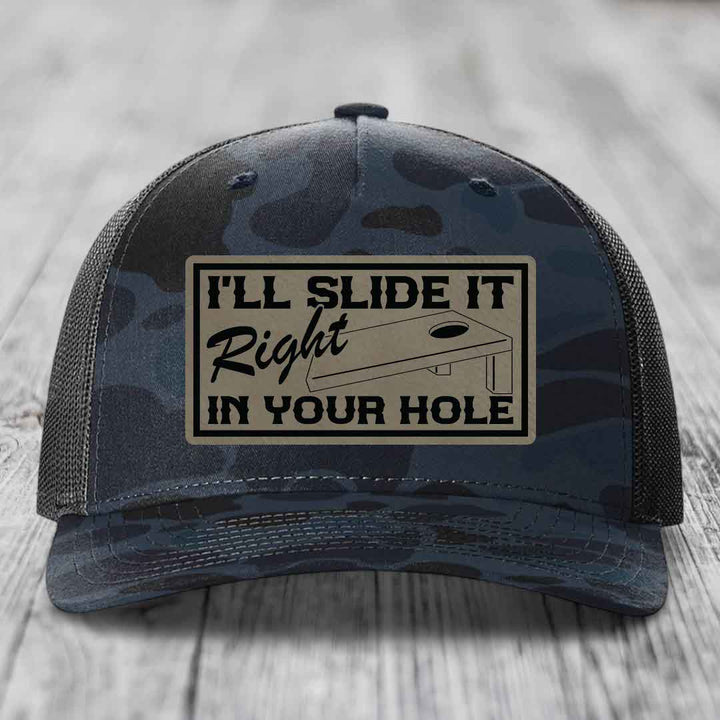 Ill Slide It Right In Your Hole - Leather Patch Hat - Light Brown to Black Patch - Richardson 112PFP Snapback Trucker Hat
