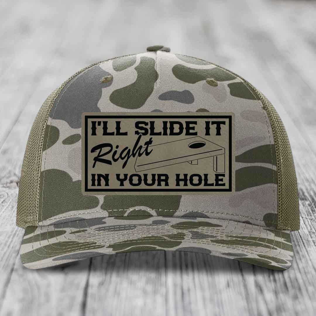 Ill Slide It Right In Your Hole - Leather Patch Hat - Light Brown to Black Patch - Richardson 112PFP Snapback Trucker Hat