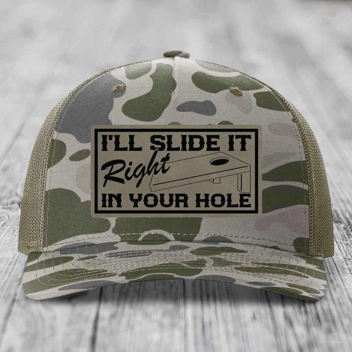 Ill Slide It Right In Your Hole - Leather Patch Hat - Light Brown to Black Patch - Richardson 112PFP Snapback Trucker Hat