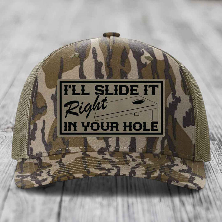 Ill Slide It Right In Your Hole - Leather Patch Hat - Light Brown to Black Patch - Richardson 112PFP Snapback Trucker Hat