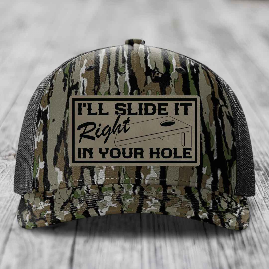 Ill Slide It Right In Your Hole - Leather Patch Hat - Light Brown to Black Patch - Richardson 112PFP Snapback Trucker Hat