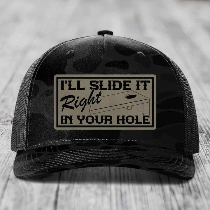 Ill Slide It Right In Your Hole - Leather Patch Hat - Light Brown to Black Patch - Richardson 112PFP Snapback Trucker Hat