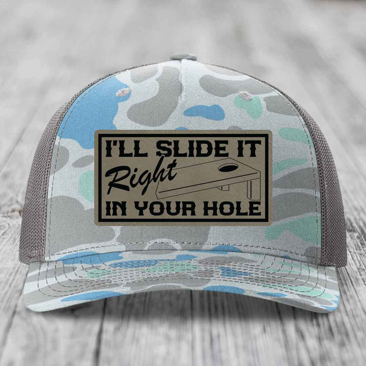 Ill Slide It Right In Your Hole - Leather Patch Hat - Light Brown to Black Patch - Richardson 112PFP Snapback Trucker Hat