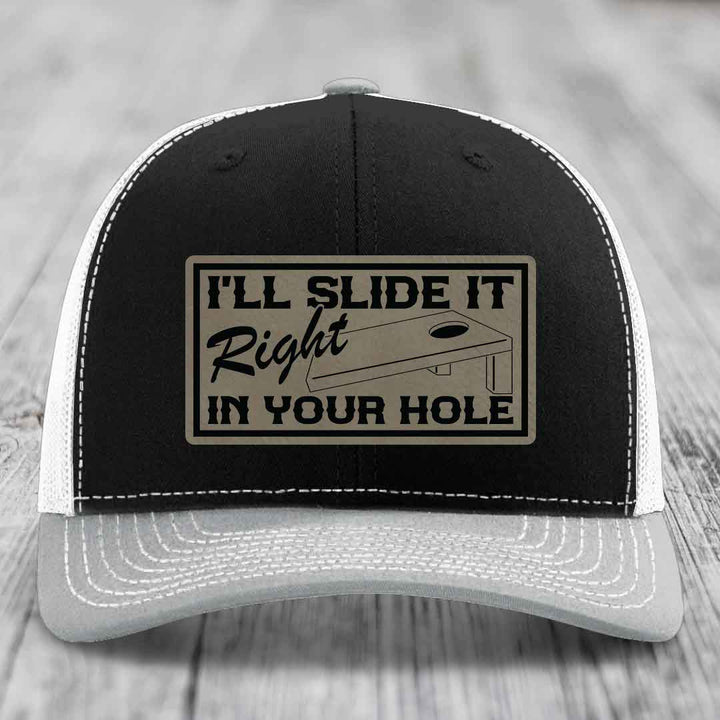 Ill Slide It Right In Your Hole - Leather Patch Hat - Light Brown to Black Patch - Richardson 112 Snapback Trucker Hat