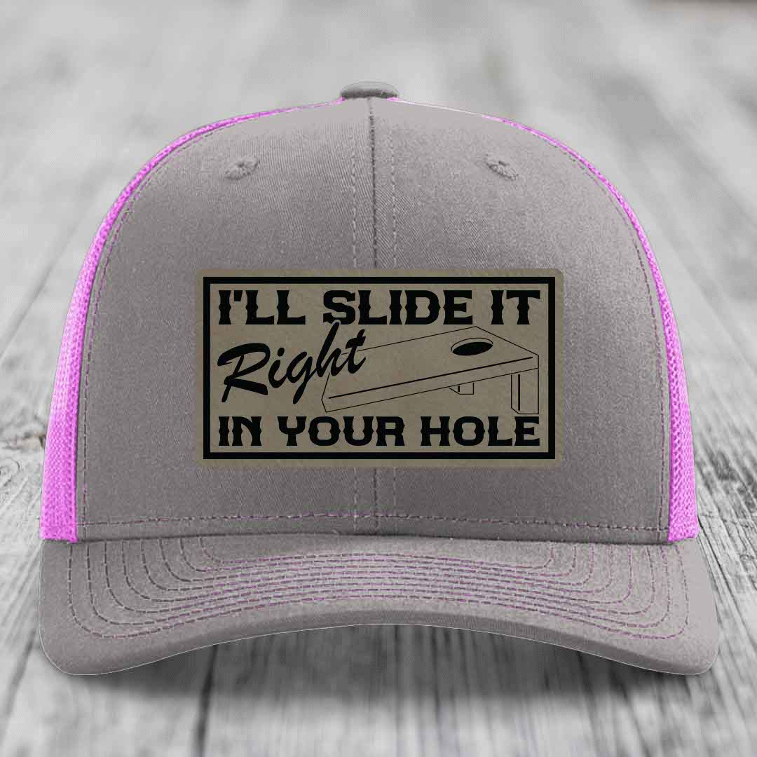 Ill Slide It Right In Your Hole - Leather Patch Hat - Light Brown to Black Patch - Richardson 112 Snapback Trucker Hat