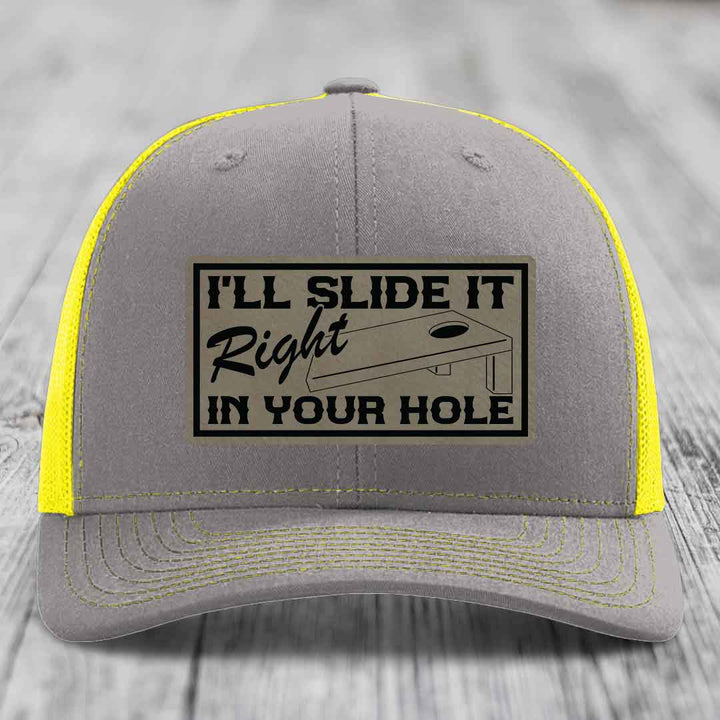 Ill Slide It Right In Your Hole - Leather Patch Hat - Light Brown to Black Patch - Richardson 112 Snapback Trucker Hat