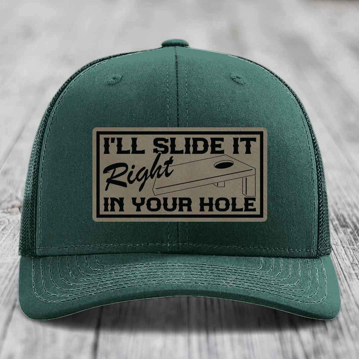 Ill Slide It Right In Your Hole - Leather Patch Hat - Light Brown to Black Patch - Richardson 112 Snapback Trucker Hat