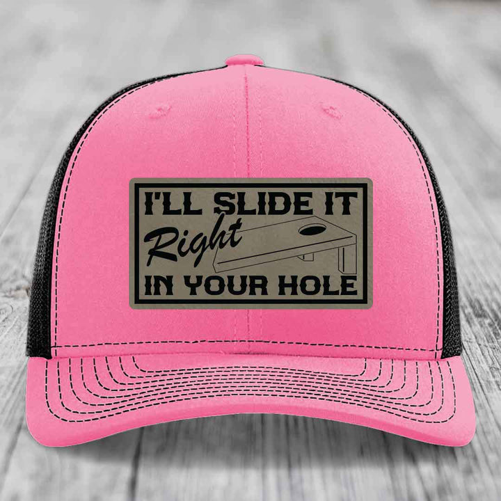 Ill Slide It Right In Your Hole - Leather Patch Hat - Light Brown to Black Patch - Richardson 112 Snapback Trucker Hat