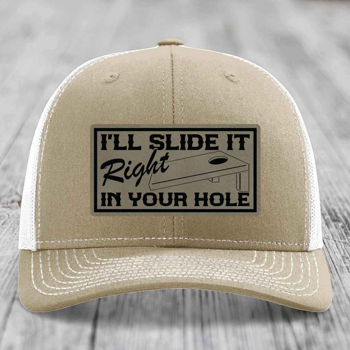 Ill Slide It Right In Your Hole - Leather Patch Hat - Light Brown to Black Patch - Richardson 112 Snapback Trucker Hat