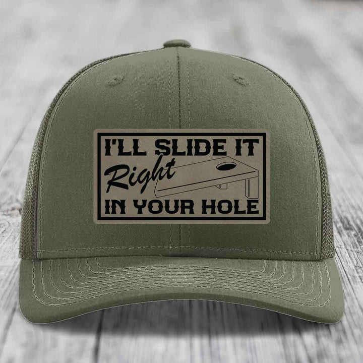Ill Slide It Right In Your Hole - Leather Patch Hat - Light Brown to Black Patch - Richardson 112 Snapback Trucker Hat