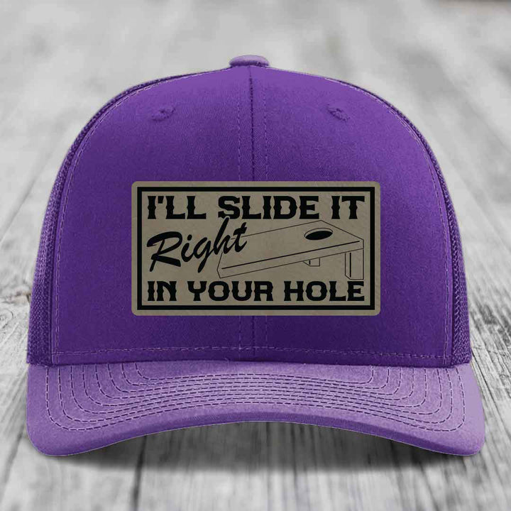 Ill Slide It Right In Your Hole - Leather Patch Hat - Light Brown to Black Patch - Richardson 112 Snapback Trucker Hat