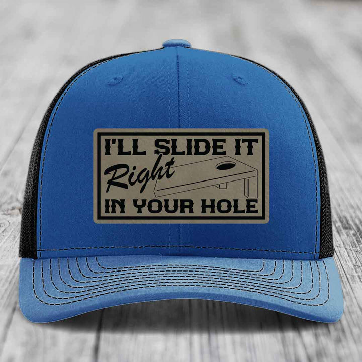 Ill Slide It Right In Your Hole - Leather Patch Hat - Light Brown to Black Patch - Richardson 112 Snapback Trucker Hat